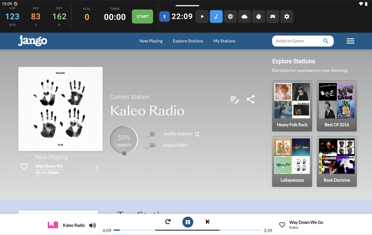 Jango radio tab in VeloPlay